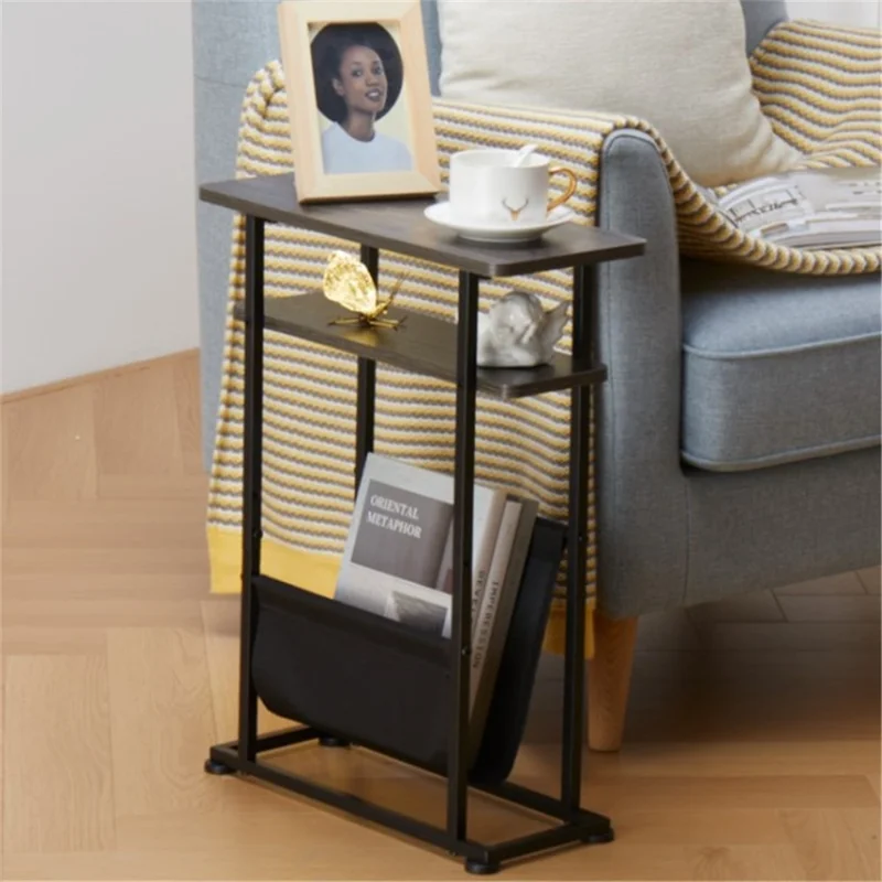 ZEXVIDA 2 Tier Narrow End Table with Magazine Holder, 424x180x550mm, Grey (MOQ: 200)