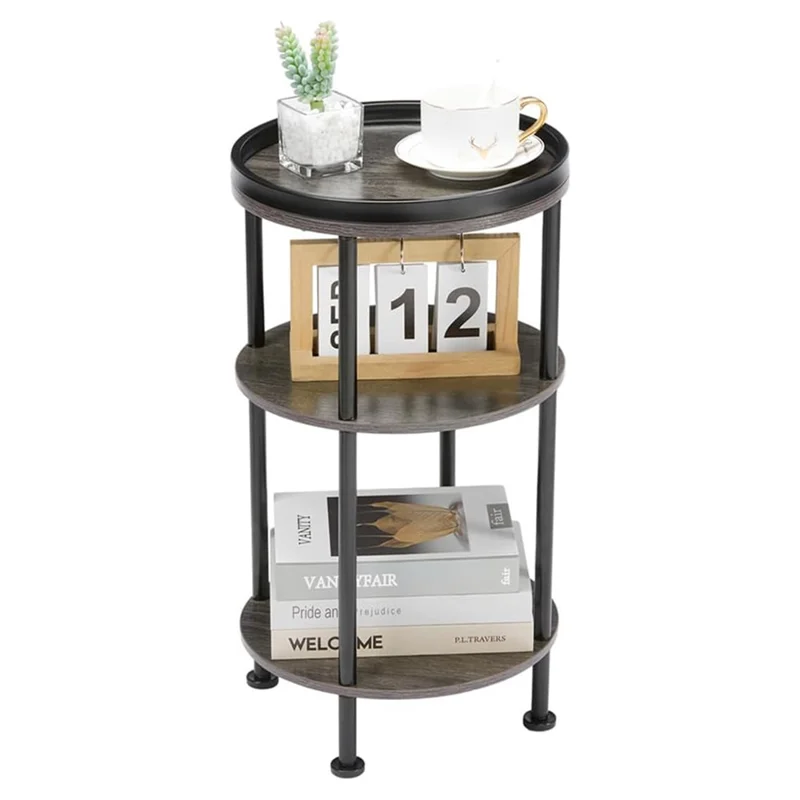 DULCII 8663-C 4-Leg Small Round Table Wooden Top Side End Table with Metal Frame, 300 x 300 x 550mm - Grey