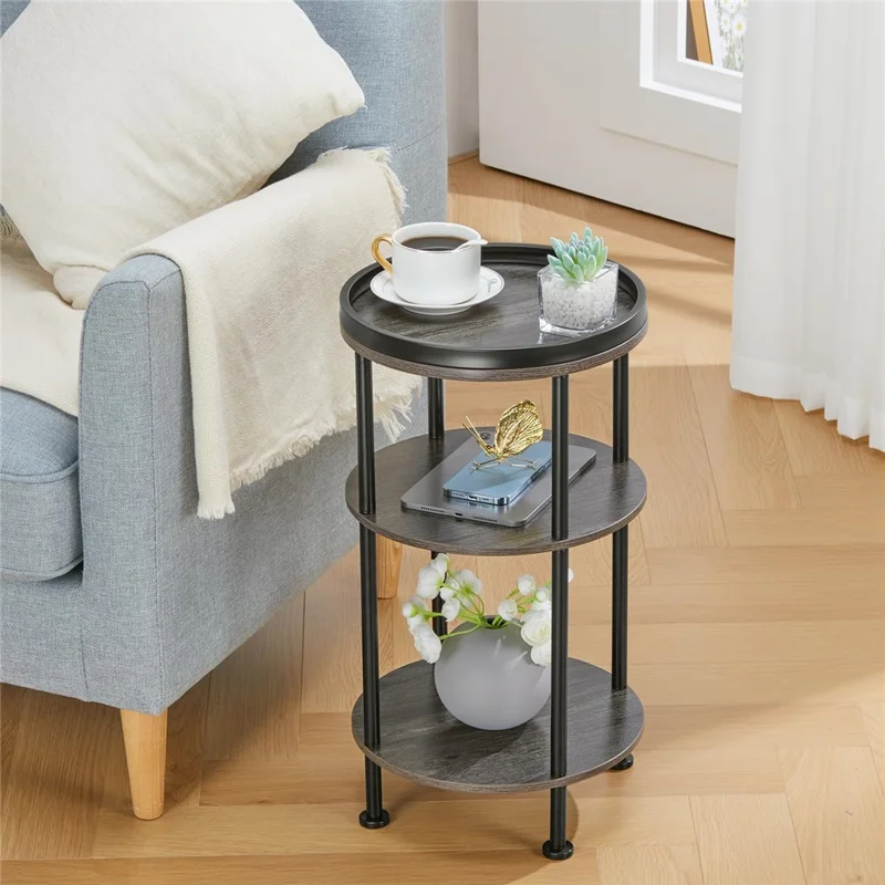 DULCII 8663-C 4-Leg Small Round Table Wooden Top Side End Table with Metal Frame, 300 x 300 x 550mm - Grey