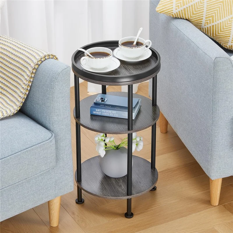 DULCII 8663-C 4-Leg Small Round Table Wooden Top Side End Table with Metal Frame, 300 x 300 x 550mm - Grey