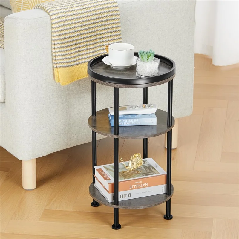 DULCII 8663-C 4-Leg Small Round Table Wooden Top Side End Table with Metal Frame, 300 x 300 x 550mm - Grey