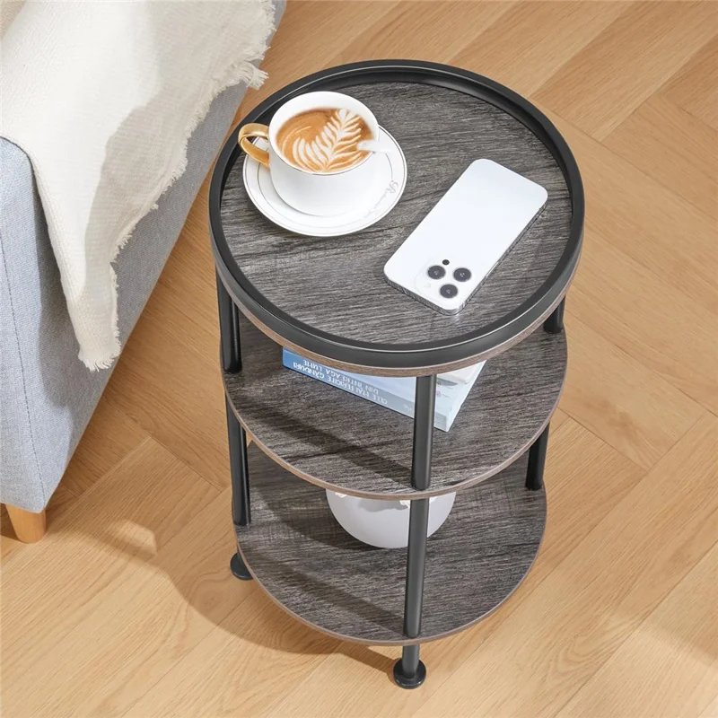 DULCII 8663-C 4-Leg Small Round Table Wooden Top Side End Table with Metal Frame, 300 x 300 x 550mm - Grey