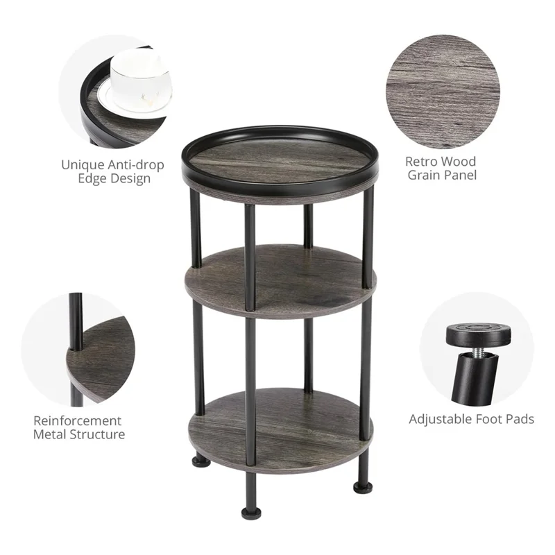 DULCII 8663-C 4-Leg Small Round Table Wooden Top Side End Table with Metal Frame, 300 x 300 x 550mm - Grey