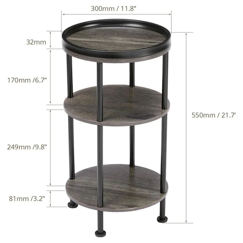DULCII 8663-C 4-Leg Small Round Table Wooden Top Side End Table with Metal Frame, 300 x 300 x 550mm - Grey
