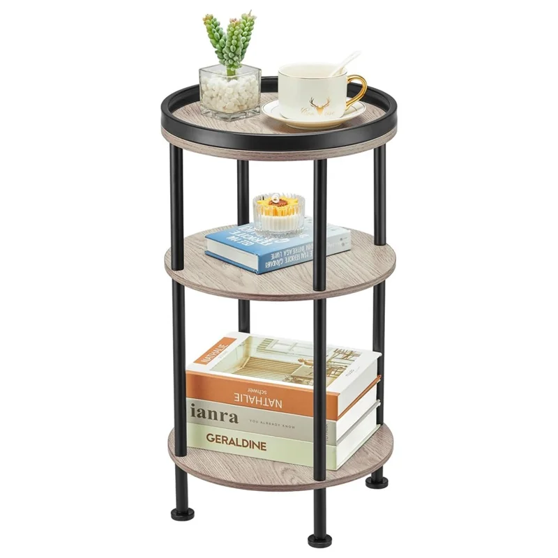 DULCII 8663-C 4-Leg Small Round Table Wooden Top Side End Table with Metal Frame, 300 x 300 x 550mm - Oak