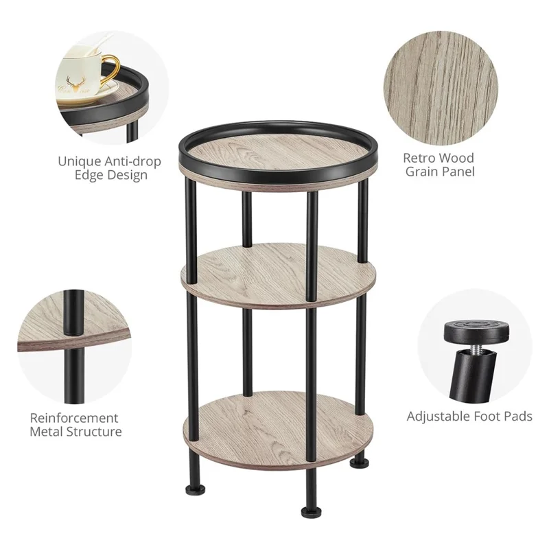 DULCII 8663-C 4-Leg Small Round Table Wooden Top Side End Table with Metal Frame, 300 x 300 x 550mm - Oak