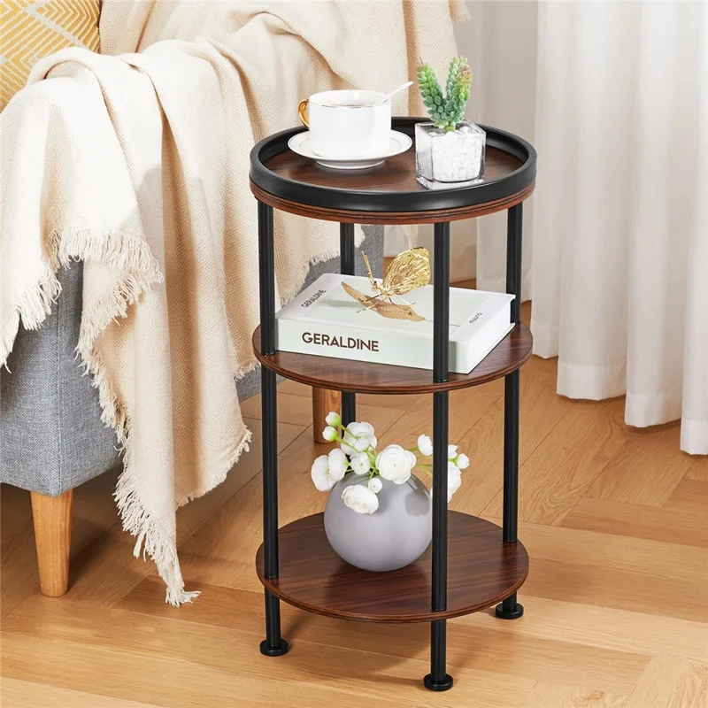 DULCII 8663-C 4-Leg Small Round Table Wooden Top Side End Table with Metal Frame, 300 x 300 x 550mm - Cherry