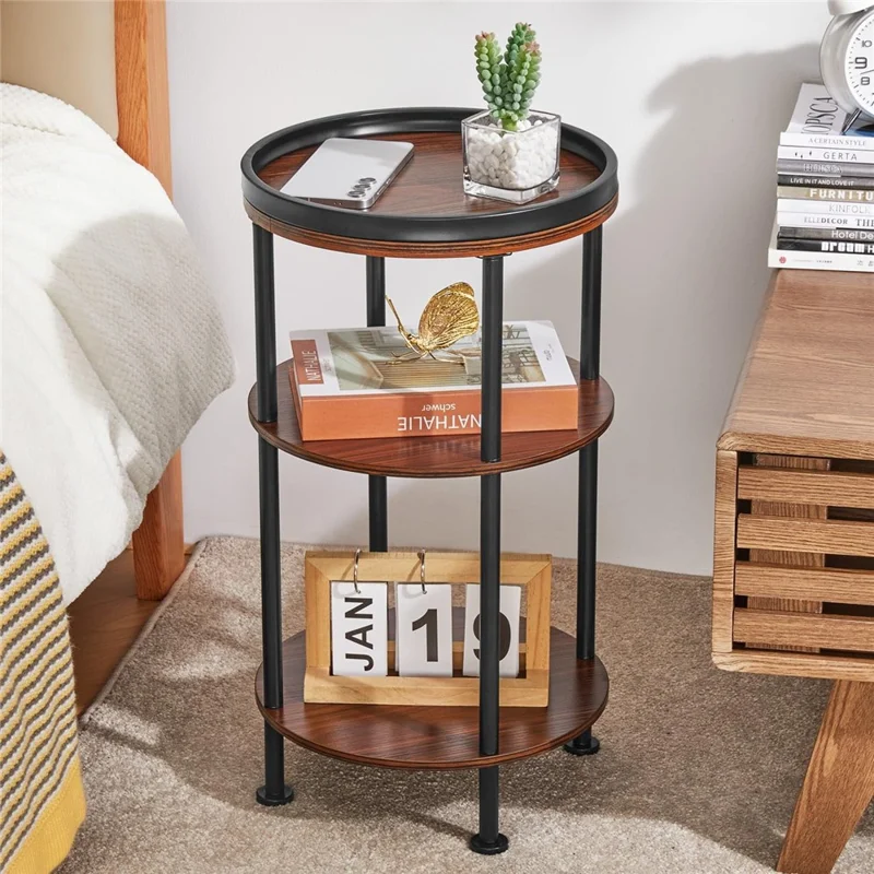 DULCII 8663-C 4-Leg Small Round Table Wooden Top Side End Table with Metal Frame, 300 x 300 x 550mm - Cherry