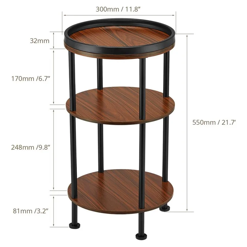 DULCII 8663-C 4-Leg Small Round Table Wooden Top Side End Table with Metal Frame, 300 x 300 x 550mm - Cherry