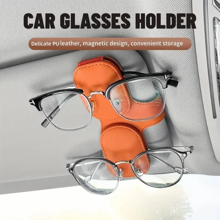 Car Sunglasses Holder Vehicle Visor Clip Magnetic PU Leather Sun Glasses Eyeglass Hanger - Grey