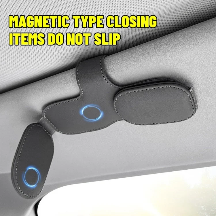 Car Sunglasses Holder Vehicle Visor Clip Magnetic PU Leather Sun Glasses Eyeglass Hanger - Grey