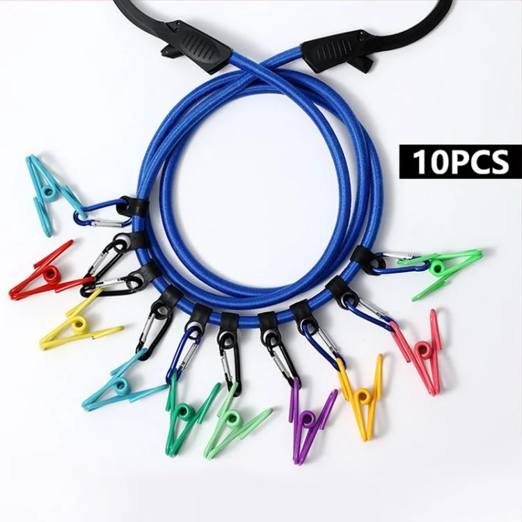 Punch-Free Clothesline Outdoor Car Camping Drying Elastic Clothesline - Blue+Colorful Clips