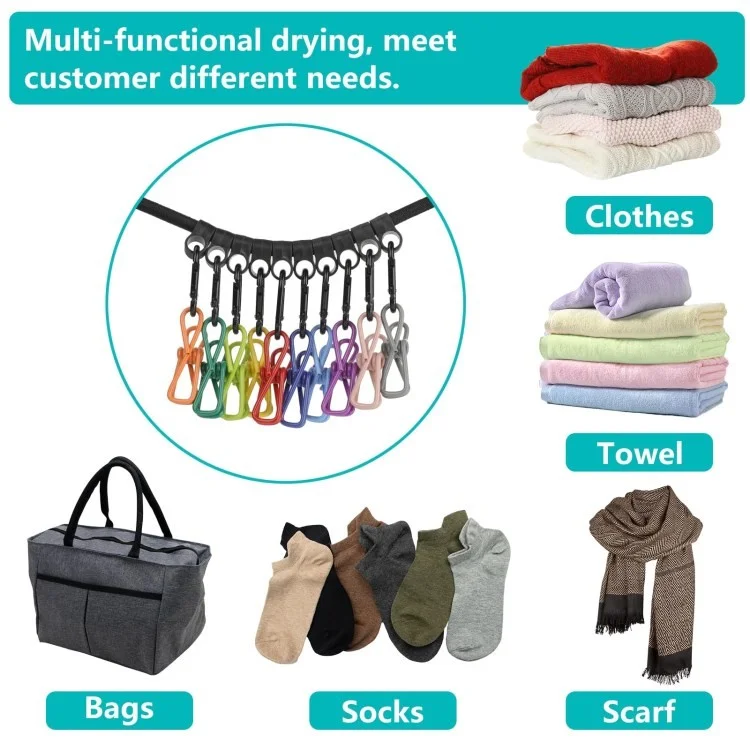 Punch-Free Clothesline Outdoor Car Camping Drying Elastic Clothesline - Blue+Colorful Clips