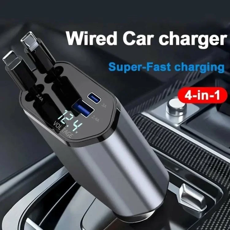 USB+Type-C Dual Port Fast Charging Cigarette Lighter Car Charger with Retractable Cable - Ip+Type-C