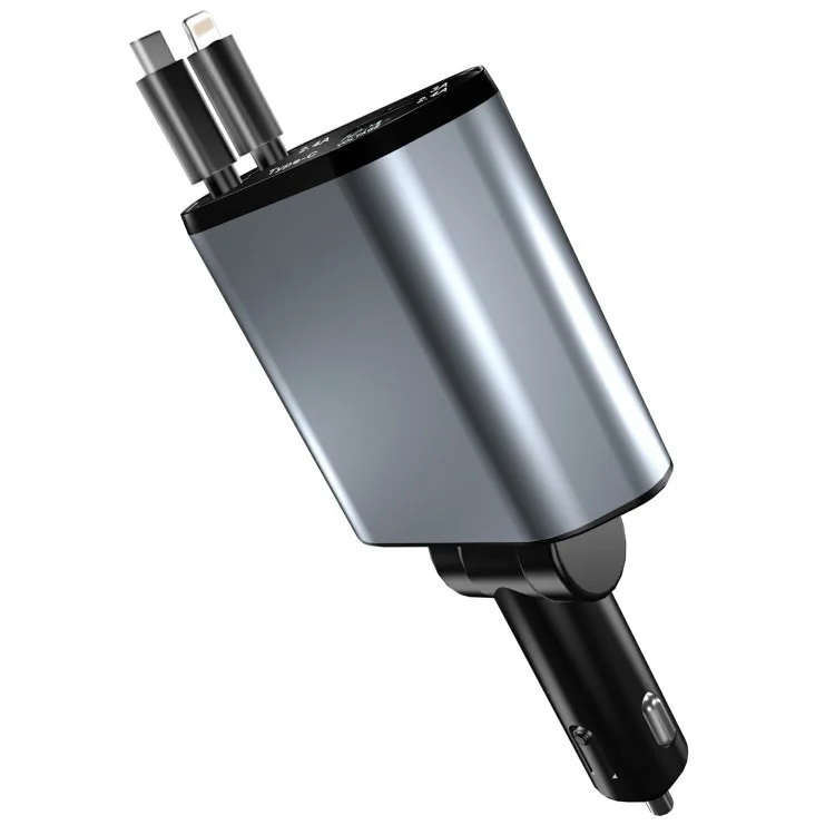 USB+Type-C Dual Port Fast Charging Cigarette Lighter Car Charger with Retractable Cable - Ip+Type-C