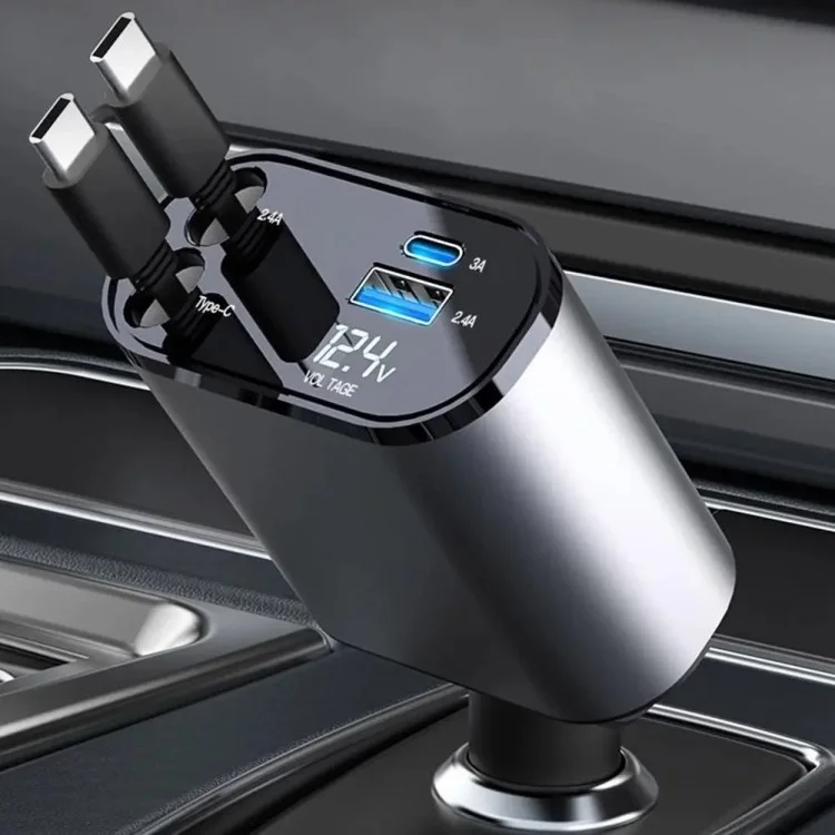 USB+Type-C Dual Port Fast Charging Cigarette Lighter Car Charger with Retractable Cable - Type-C+Type-C