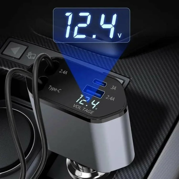 USB+Type-C Dual Port Fast Charging Cigarette Lighter Car Charger with Retractable Cable - Type-C+Type-C