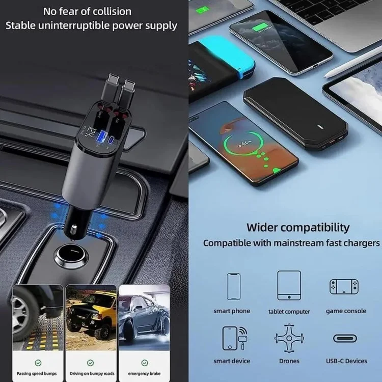 USB+Type-C Dual Port Fast Charging Cigarette Lighter Car Charger with Retractable Cable - Type-C+Type-C