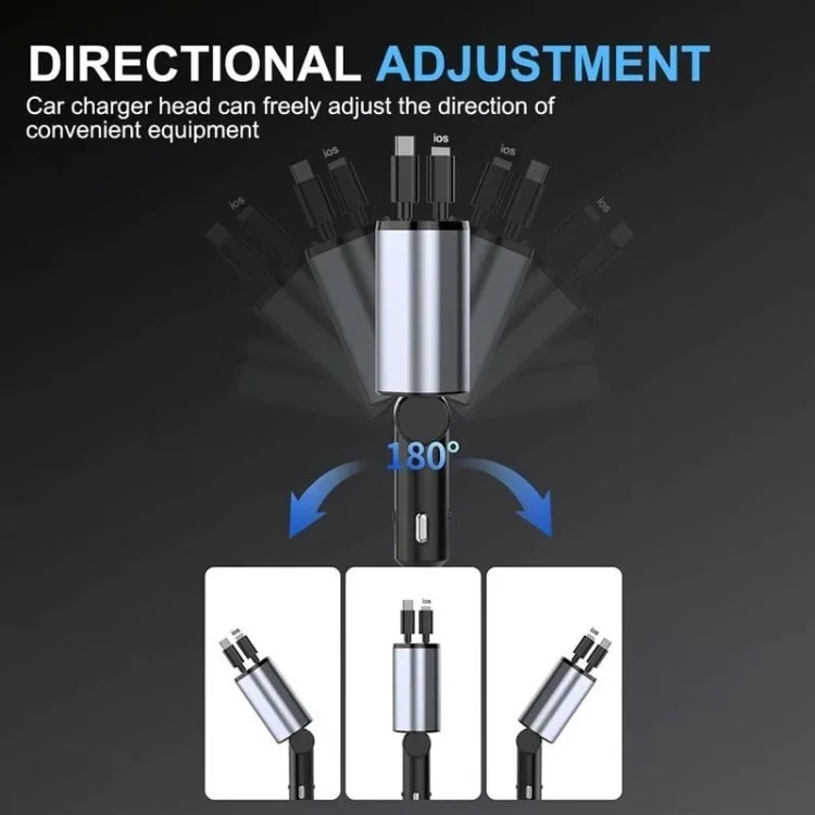 USB+Type-C Dual Port Fast Charging Cigarette Lighter Car Charger with Retractable Cable - Type-C+Type-C