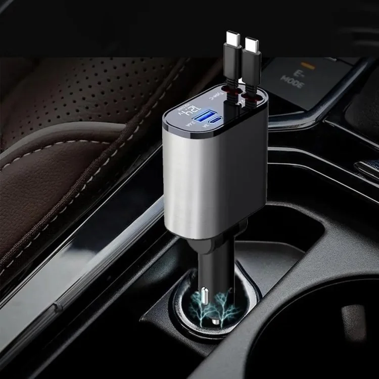USB+Type-C Dual Port Fast Charging Cigarette Lighter Car Charger with Retractable Cable - Type-C+Type-C