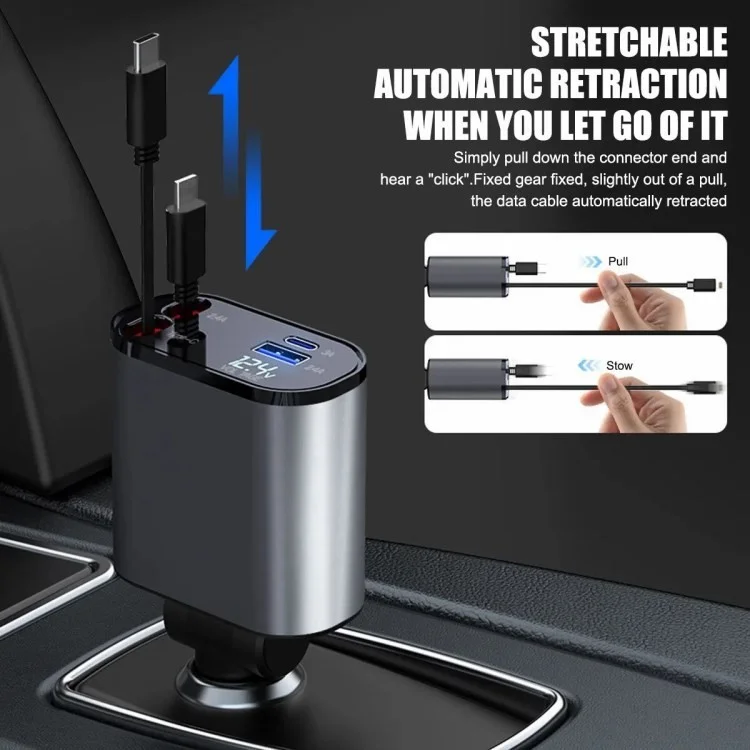 USB+Type-C Dual Port Fast Charging Cigarette Lighter Car Charger with Retractable Cable - Type-C+Type-C