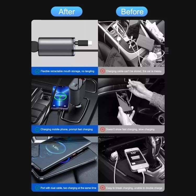 USB+Type-C Dual Port Fast Charging Cigarette Lighter Car Charger with Retractable Cable - Type-C+Type-C