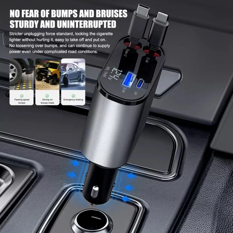 USB+Type-C Dual Port Fast Charging Cigarette Lighter Car Charger with Retractable Cable - Type-C+Type-C