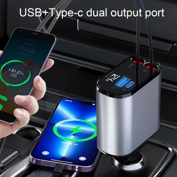 USB+Type-C Dual Port Fast Charging Cigarette Lighter Car Charger with Retractable Cable - Type-C+Type-C