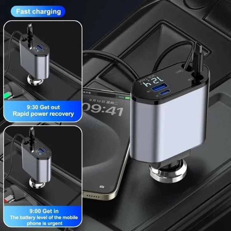 USB+Type-C Dual Port Fast Charging Cigarette Lighter Car Charger with Retractable Cable - Type-C+Type-C