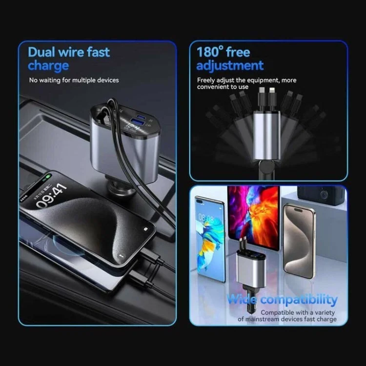 USB+Type-C Dual Port Fast Charging Cigarette Lighter Car Charger with Retractable Cable - Type-C+Type-C