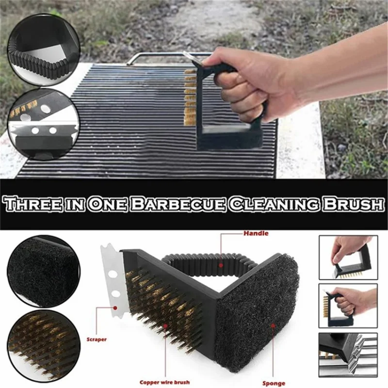 3-in-1 Barbecue Copper Wire Brush Stainless Steel Scraper BBQ Cleaning Tool