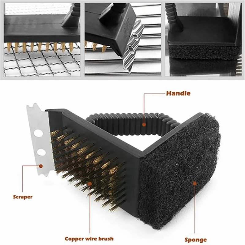 3-in-1 Barbecue Copper Wire Brush Stainless Steel Scraper BBQ Cleaning Tool