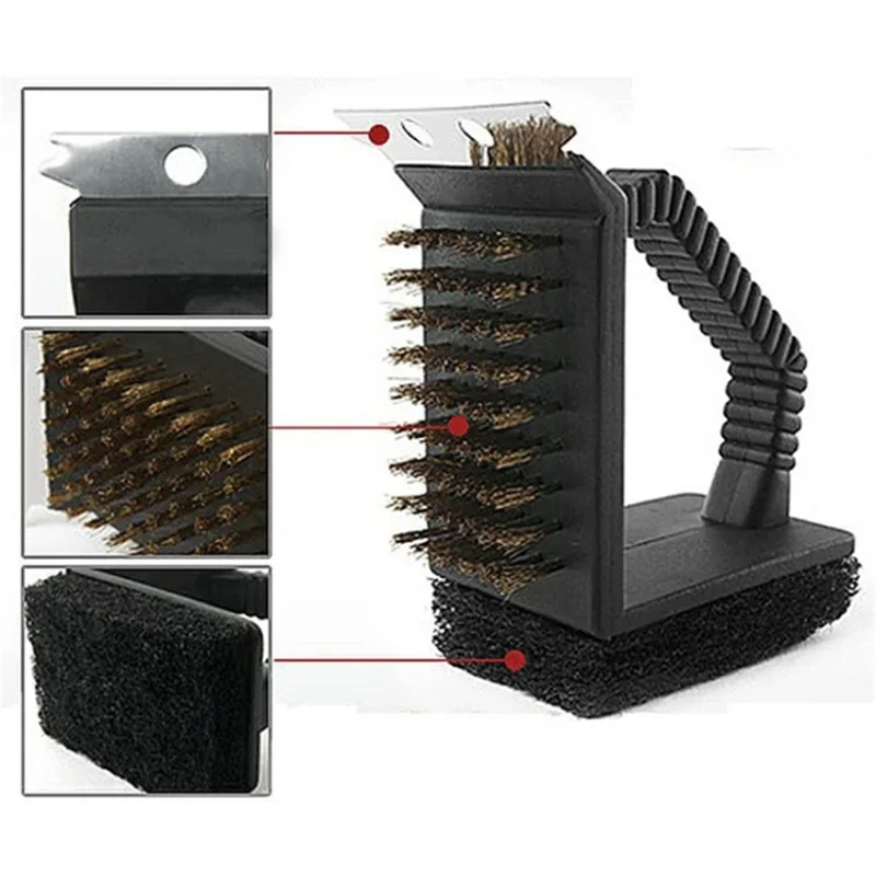 3-in-1 Barbecue Copper Wire Brush Stainless Steel Scraper BBQ Cleaning Tool