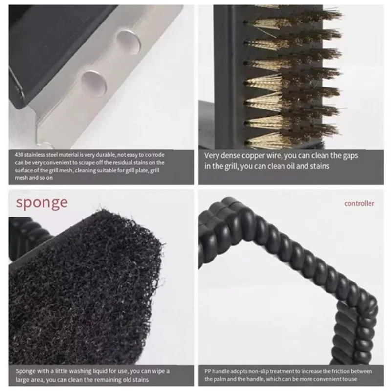 3-in-1 Barbecue Copper Wire Brush Stainless Steel Scraper BBQ Cleaning Tool