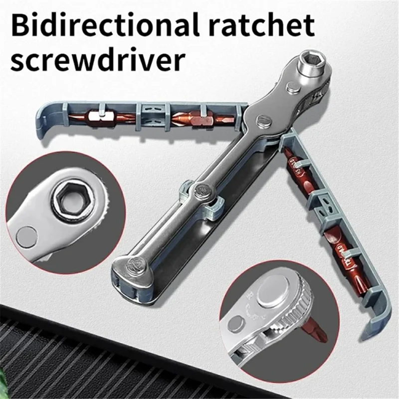 Chrome Vanadium Steel Magnetic Two-Way Ratchet Screwdriver Repair Tool with 4 Bits - Grey