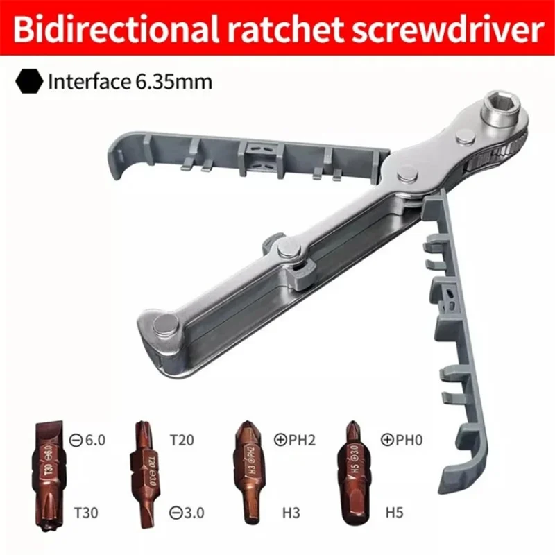 Chrome Vanadium Steel Magnetic Two-Way Ratchet Screwdriver Repair Tool with 4 Bits - Grey