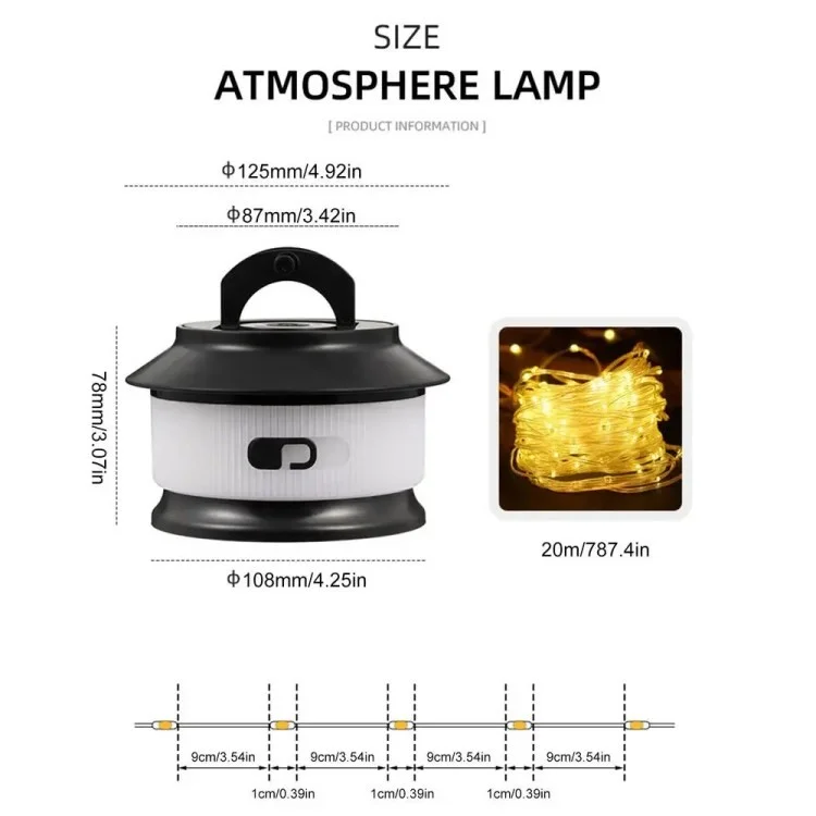 20 m Einziehbare IPX4 Water of Light Strip Outdoor Camping Umgebungslampe im Freien - Warmes Licht / Schwarz