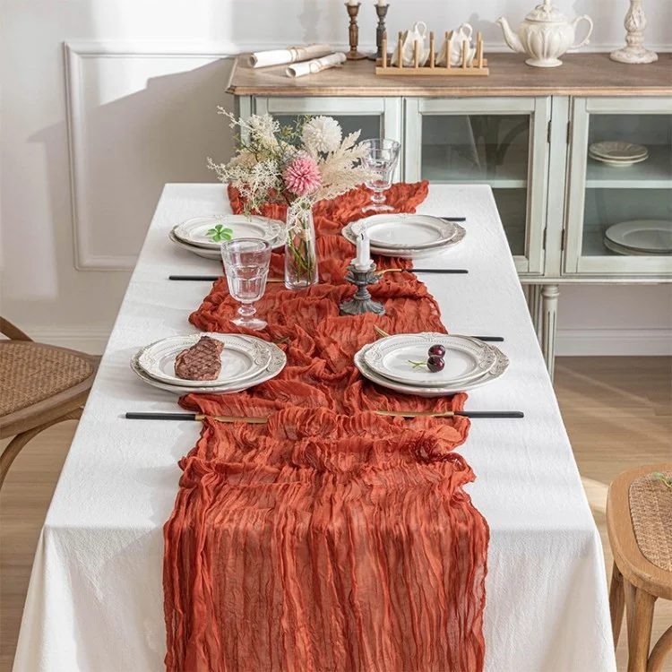 118x35 Polegada Boho Galze Table Runner Tala de Mesa Longa Para Festa de Aniversário de Casamento - Vermelho de Ferrugem