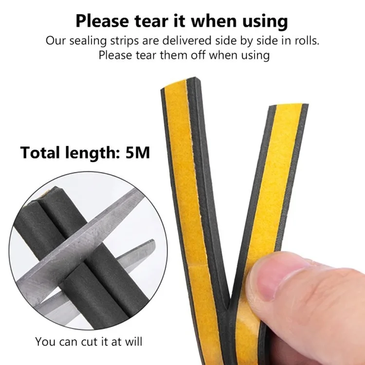 5m Self-adhesive Door Window EPDM Sealing Strip Anti-Collision Wind Stopper Sealing Tape - Black Type D 9x6mm