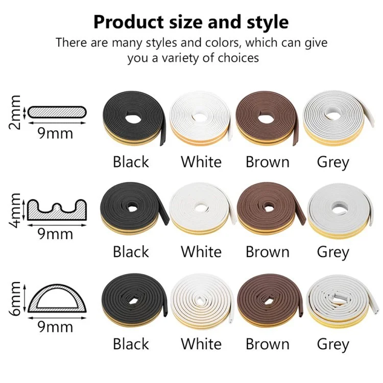 5m Self-adhesive Door Window EPDM Sealing Strip Anti-Collision Wind Stopper Sealing Tape - Black Type D 9x6mm