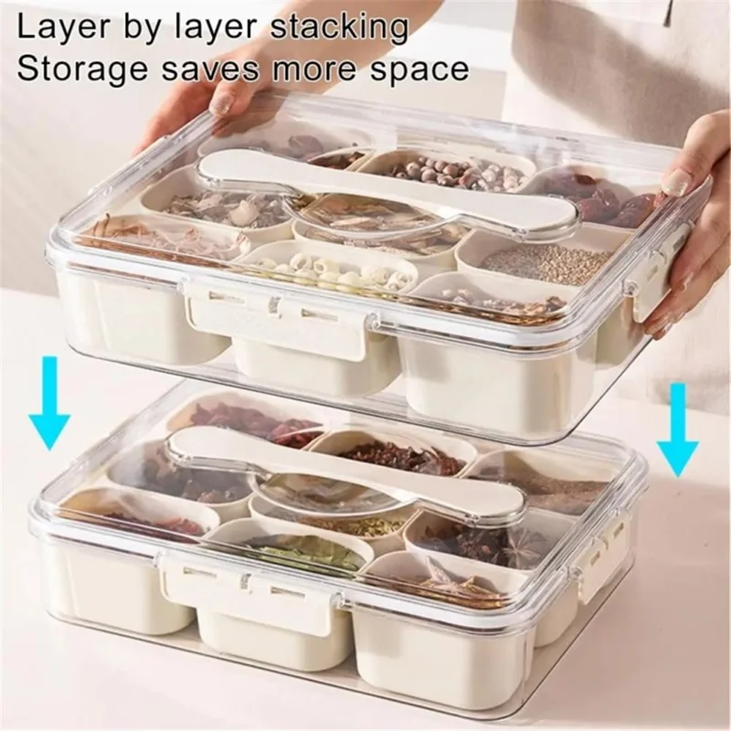 Snack Box Container Divided Serving Tray with Lid and Handle Snack Organizer (BPA Free, No FDA) - 6 Grid / Double Handle