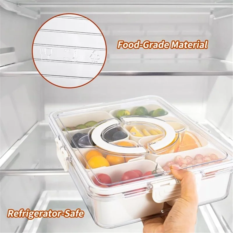 Snack Box Container Divided Serving Tray with Lid and Handle Snack Organizer (BPA Free, No FDA) - 6 Grid / Double Handle