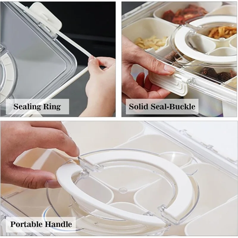 Snack Box Container Divided Serving Tray with Lid and Handle Snack Organizer (BPA Free, No FDA) - 6 Grid / Double Handle