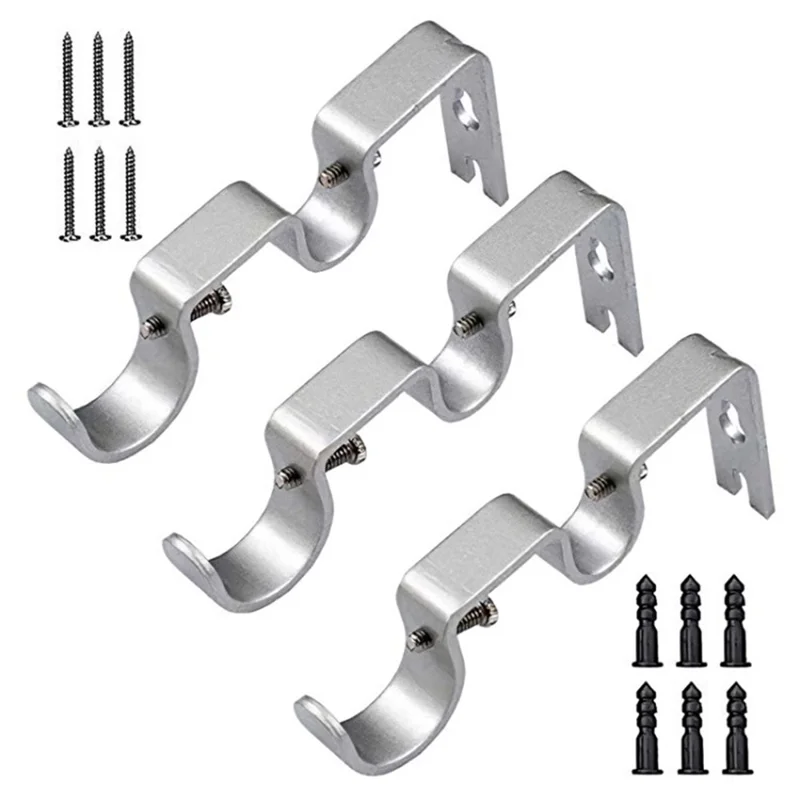 3Pcs Curtain Double Rod Holder Base Integrated Support Rack Curtain Rod Iron Bracket - Silver