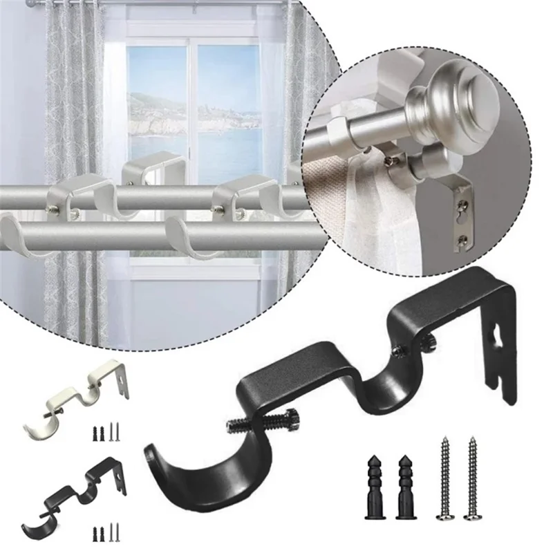 3Pcs Curtain Double Rod Holder Base Integrated Support Rack Curtain Rod Iron Bracket - Silver