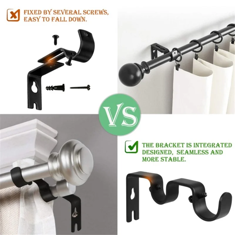 3Pcs Curtain Double Rod Holder Base Integrated Support Rack Curtain Rod Iron Bracket - Silver