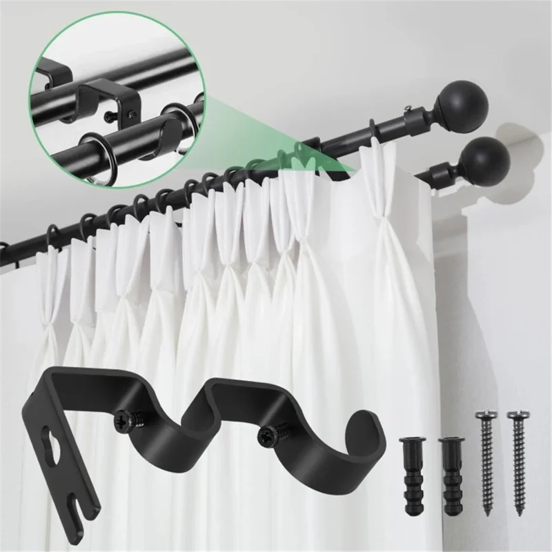 3Pcs Curtain Double Rod Holder Base Integrated Support Rack Curtain Rod Iron Bracket - Silver