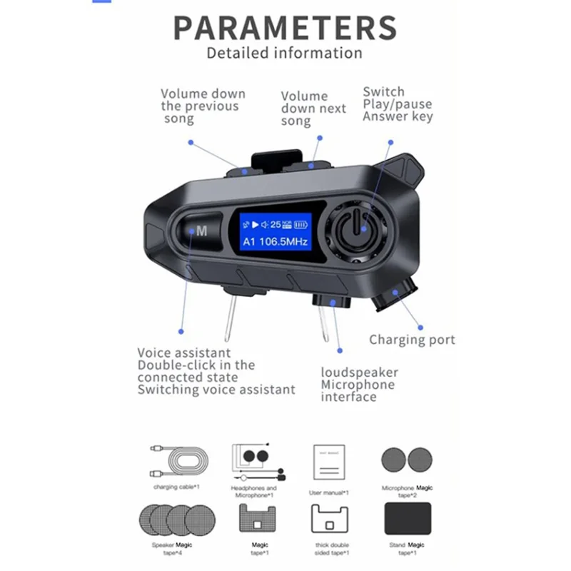 A1 Bluetooth 5.3 CVC Rauschreduktion Motorrad Helm Headset FM Radio Music Player - Hartes Mikrofon