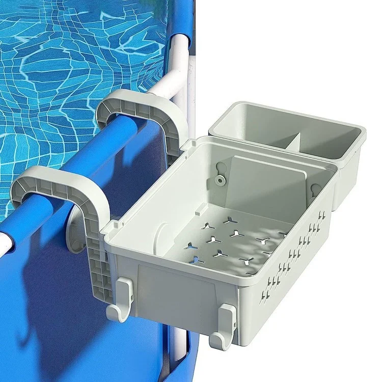 Poolside Plastic Storage Basket Swimming Pool Hanging Organizer with Drink Holder - Grey