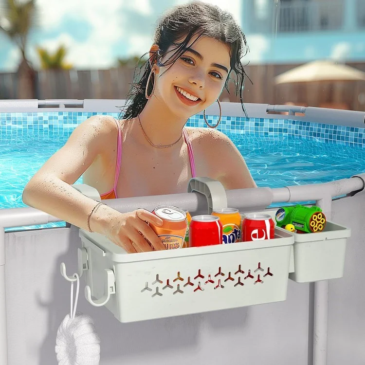 Poolside Plastic Storage Basket Swimming Pool Hanging Organizer with Drink Holder - Grey